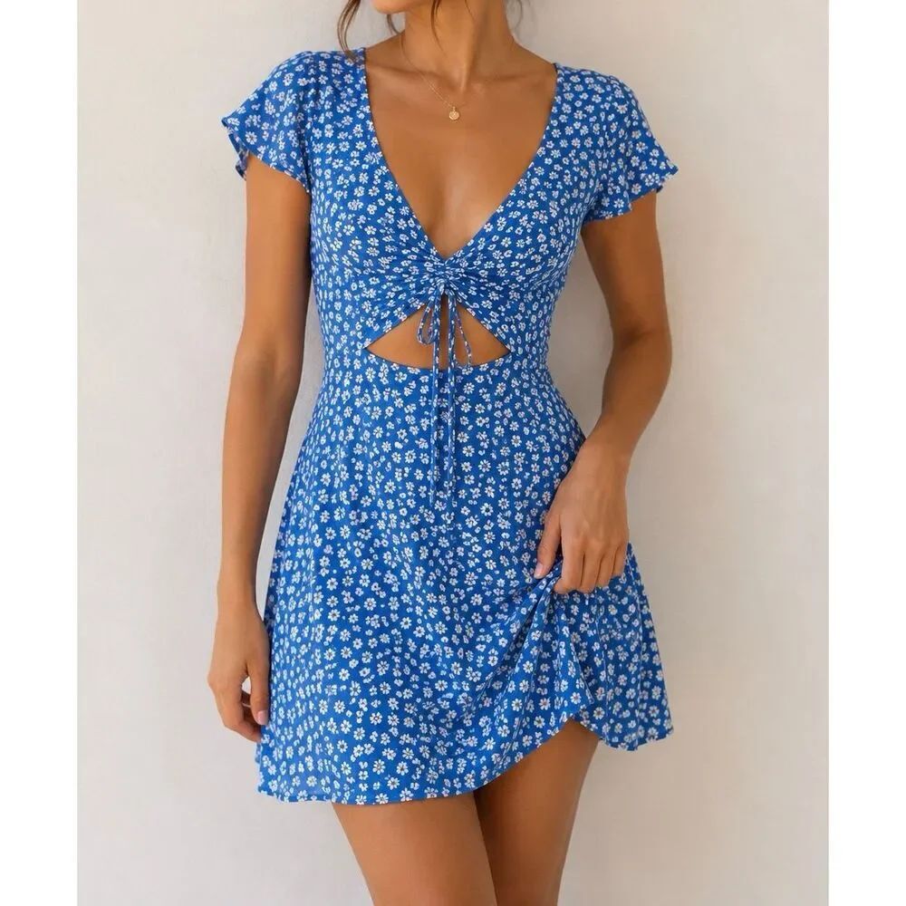 LA Hearts Blue Floral Cutout Mini Dress XS Tie Front Cottagecore Y2K